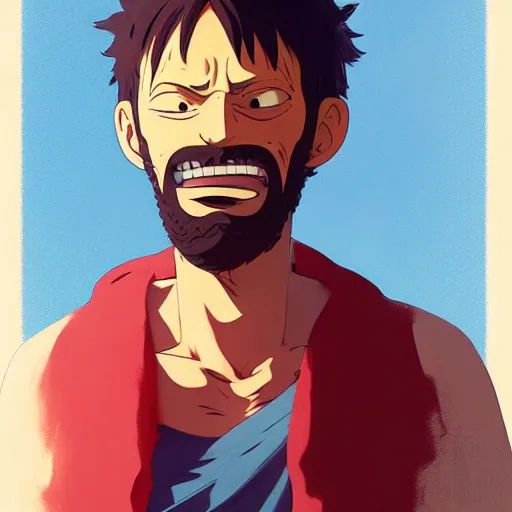 Prompt: portrait of Jesus as Luffy From one piece looking to camera smiling , artwork and style by Sergey Kolesov, arstation,