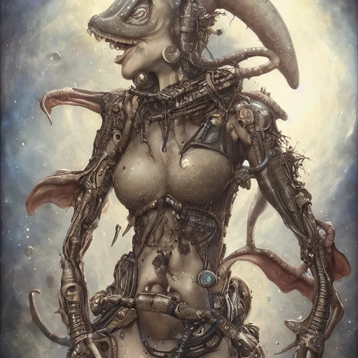 Prompt: a portrait photograph of a amphibian female alien with dolphin skin. she wearing a tactical suit and has many body modifications. by tom bagshaw, donato giancola, hans holbein, walton ford, gaston bussiere, brian froud, peter mohrbacher and magali villeneuve. 8 k, fashion editorial, cgsociety