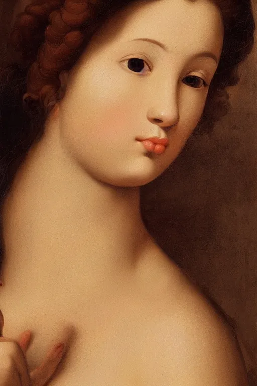 Image similar to Beautiful girl, calm face, closeup, fruits, ultra detailed, Guido Reni style, Raphael style