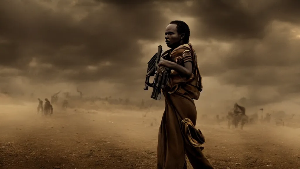 Image similar to Ethiopian civil war, moody, dark, movie scene, hd, 4k, wide shot