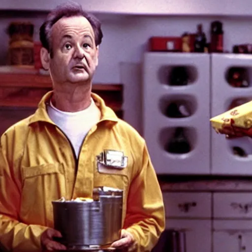 Image similar to film still of bill murray as Peter venkman, setting out a cheese and wine platter