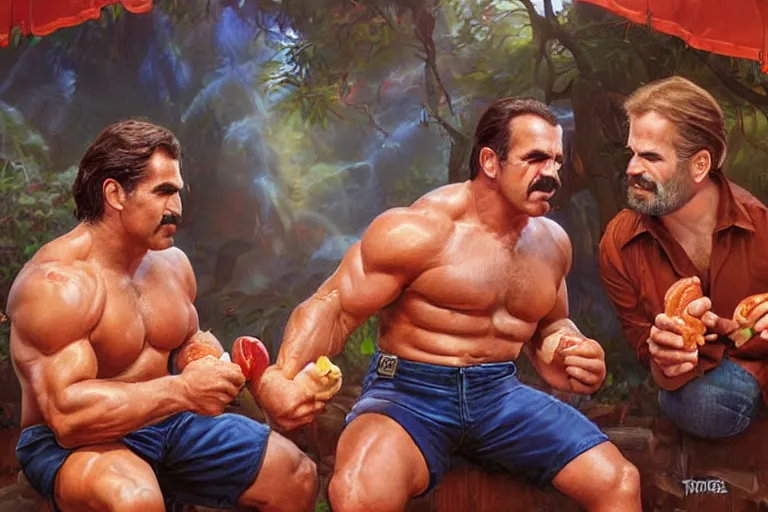 Image similar to portrait of wwf rick rude and wwf jake roberts sharing hotdogs, an oil painting by ross tran and thomas kincade