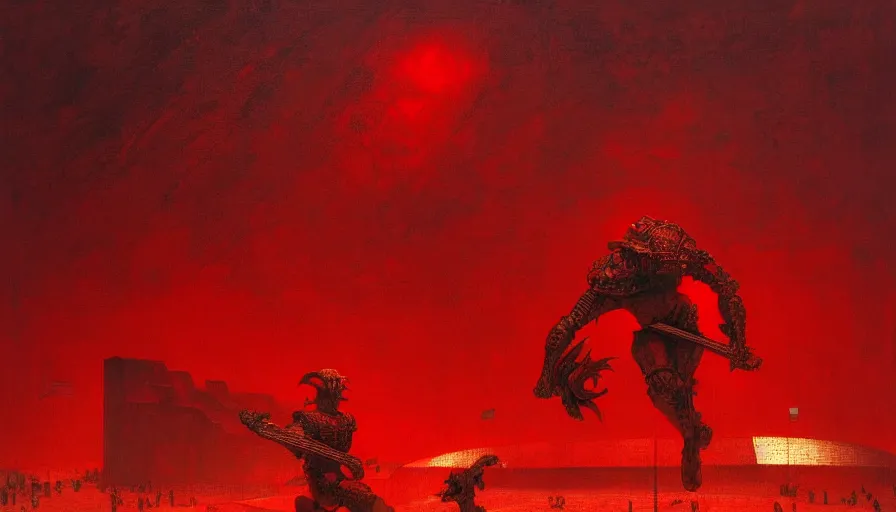 Image similar to only with red, a lightly armored gladiator in a crowded roman amphitheatre, crowd cheering, in the style of beksinski and edward hopper and rodcenko and yue minjun and artgerm, intricate and epic composition, red by caravaggio, highly detailed, masterpiece, red light, artstation