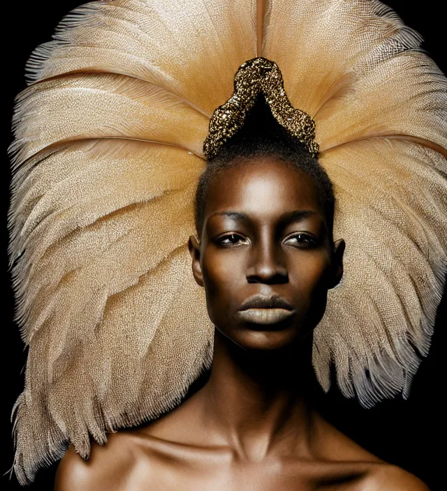 Prompt: photography face profil portrait of a beautifull black woman, half in shadow, natural pose, natural lighing, rim lighting, no flash, wearing an ornate transparent and metallic costume with feathers and cloth convolutions by iris van herpen, highly detailed, skin grain detail, high detail, photography by by paolo roversi, creativity in fashion design