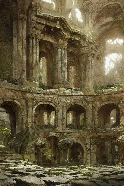 Prompt: looking up at ancient tartarian temle ruins interior, broken statues, moss, intricate, elegant, vivid colors, highly detailed, john park, craig mullins, sparth, ruan jia, jeffrey catherine jones