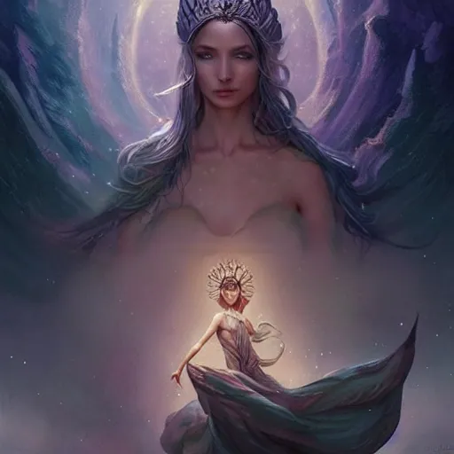 Image similar to star goddess, fine art, awesome fantasy book cover on pinterest, award winning, dark fantasy landscape, fantasy magic, intricate, elegant, sharp focus, cinematic lighting, highly detailed, digital painting, concept art, art by wlop and artgerm and greg rutkowski, masterpiece, trending on artstation, 8 k