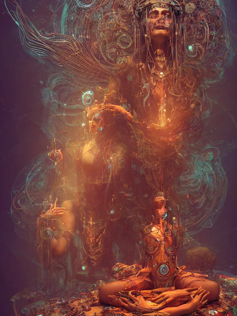 Image similar to an ancient mystical alluring female shaman generating flowing energy and surrounded by wisps of incense smoke sits meditating in a magical cybernetic robot temple, face face face, by android jones and vitaly bulgarov, 3 d, cinema 4 d render, trending on artstation