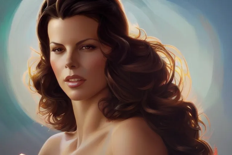 Prompt: sensual tanned beautiful kate beckinsale art deco portrait, elegant, intricate, digital painting, artstation, concept art, smooth, sharp focus, illustration, art by artgerm and greg rutkowski and alphonse mucha