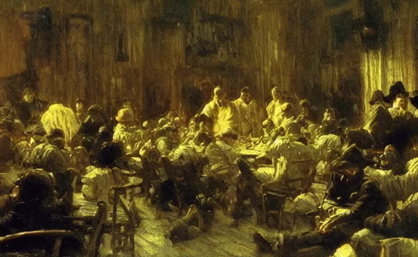 Image similar to high quality high detail painting by ilya repin, gangasters meeting in a dark room, hd