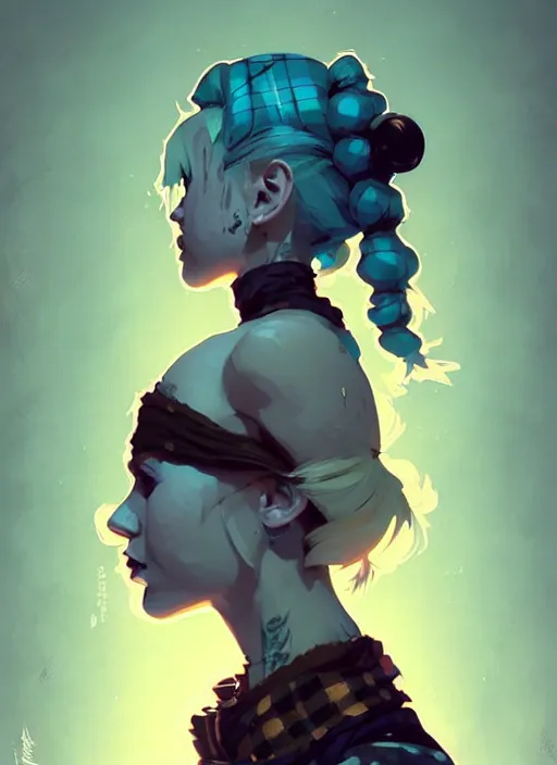 Image similar to highly detailed closeup portrait of a sewer punk rogue lady, tartan vestments, blonde hair by atey ghailan, by greg rutkowski, by greg tocchini, by james gilleard, by joe fenton, by kaethe butcher, gradient, blue, black, brown and cream color scheme, grunge aesthetic!!! white graffiti tag wall background