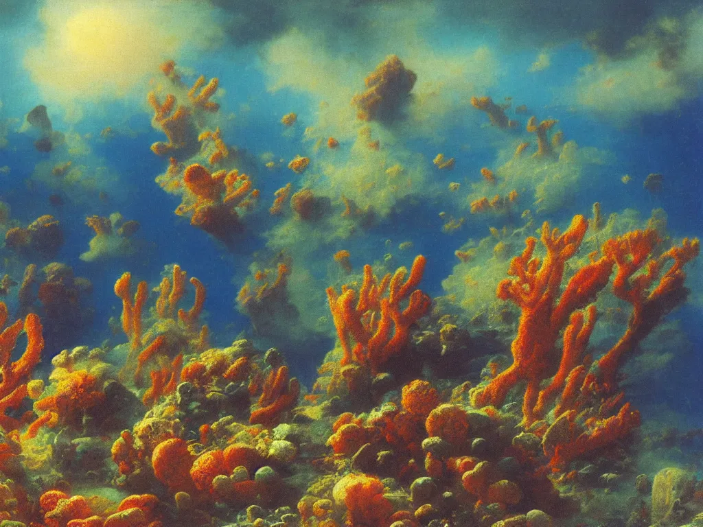 Image similar to Beautiful 1976 psychedelic textbook illustration of underwater coral reef seascape by Ivan Aivazovsky and Jan Davidsz de Heem , highly detailed, 8k