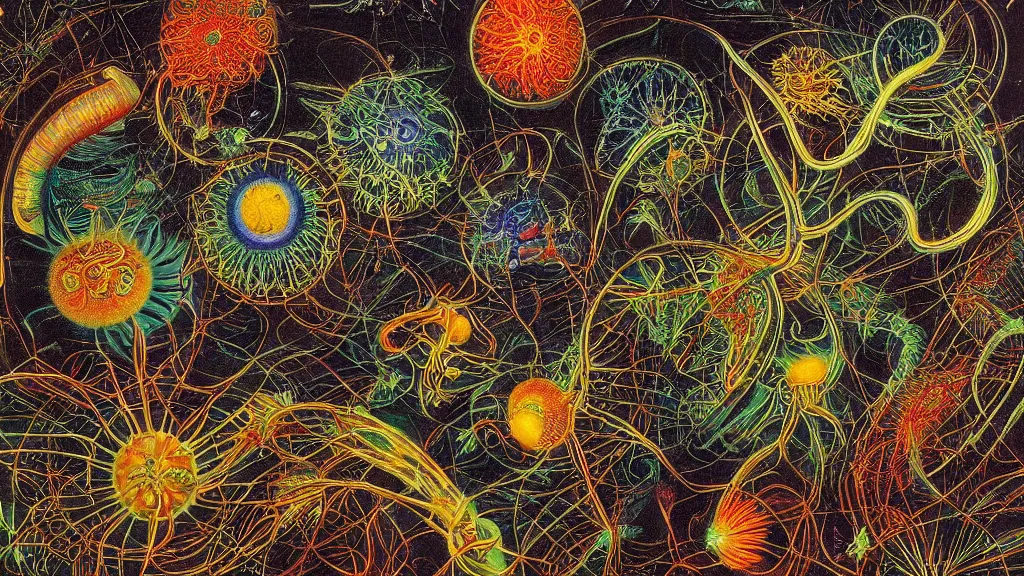 Image similar to quantum connections represented as symbiotic organisms like cells playing around with colorful lights by ernst haeckel