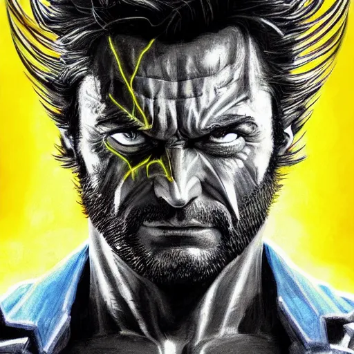 Image similar to wolverine starring into the camera, fixed eyes, flowing black coat with glowing neon yellow, colorful, surreal, dramatic lighting, face, detailed, intricate, elegant, highly detailed, digital painting, artstation, chalk, concept art, smooth, sharp focus, illustration, art by sam spratt, dan mumford, artem demura and alphonse mucha