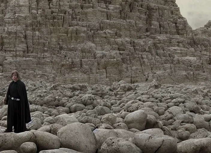 Image similar to epic screenshot from the film of Luke Skywalker, played by Mark Hammill, wearing a gold robe, he is surrounded by hundreds of rocks levitating in the air, outside marble temple, iconic scene from the last jedi, 1980s film directed by Stanley Kubrick, cinematic lighting, kodak, strange, hyper real, stunning moody cinematography, with anamorphic lenses, crisp, detailed portrait, 4k image