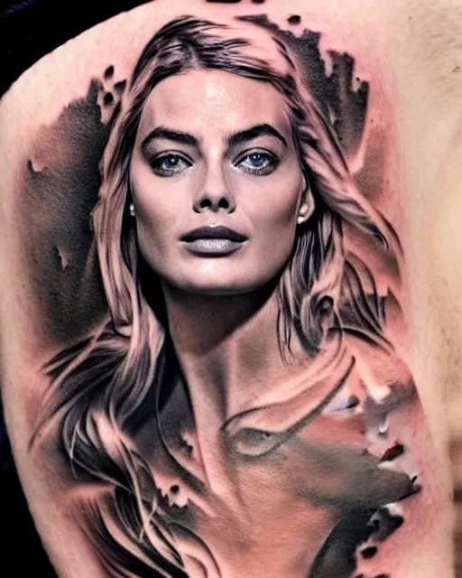 Image similar to creative double exposure effect tattoo design sketch of margot robbie face faded in beautiful mountain scenery, realism tattoo, in the style of matteo pasqualin, amazing detail, sharp