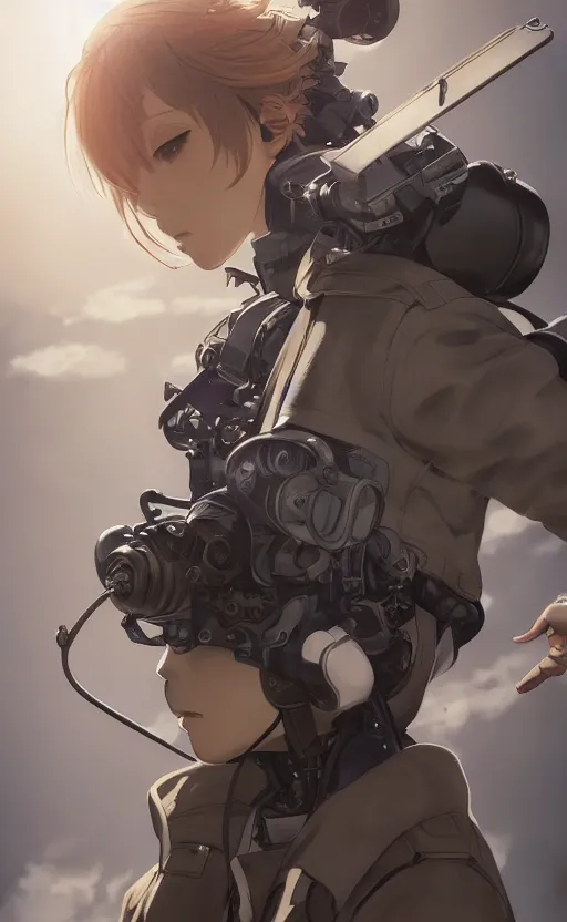 Image similar to pilot girl, cyborg aircraft parts, anime style, vintage pilot clothing, shoulder eyes, last exile anime, hair down, symmetrical facial features, from arknights, hyper realistic, 4 k, rule of thirds, extreme detail, detailed drawing, trending artstation, realistic lighting, by alphonse mucha, greg rutkowski, interior background