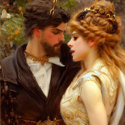 Image similar to attractive fully clothed king confesses his love for his attractive fully clothed male prince. highly detailed painting by gaston bussiere, daniel f. gerhartz, j. c. leyendecker 8 k