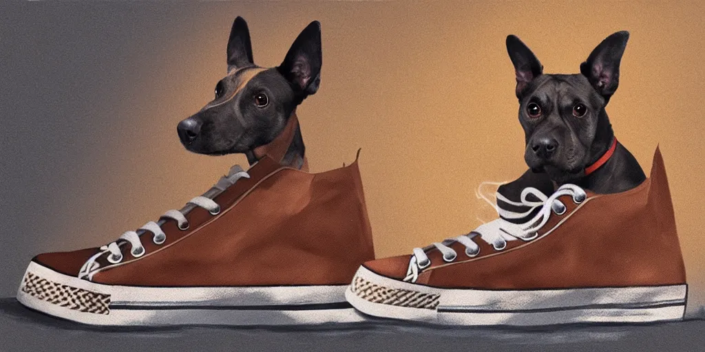 Image similar to smoking brown dog with sneakers, as a matte oil painting