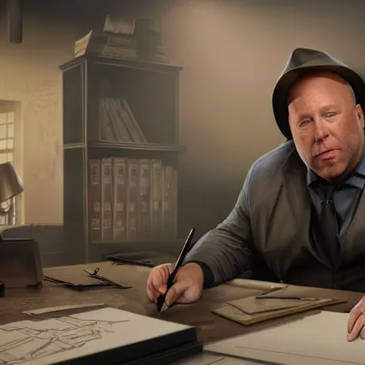 Prompt: hyperrealistic mixed media image of info wars alex jones wearing hat at desk, stunning 3 d render inspired art by xiang duan and thomas eakes and greg rutkowski, perfect facial symmetry, hyper realistic texture, realistic, highly detailed attributes and atmosphere, dim volumetric cinematic lighting, 8 k octane detailed render, post - processing, masterpiece,