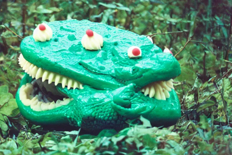 Image similar to a photo of a giant mutant cupcake crocodile in its natural habitat, kodak ektachrome e 1 0 0 photography