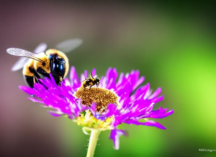 Image similar to super macro of a ronot bee drinking from a flower in the forest. fantasy horror cyberpunk style. highly detailed 8 k. intricate. nikon d 8 5 0 3 0 0 mm. award winning photography.