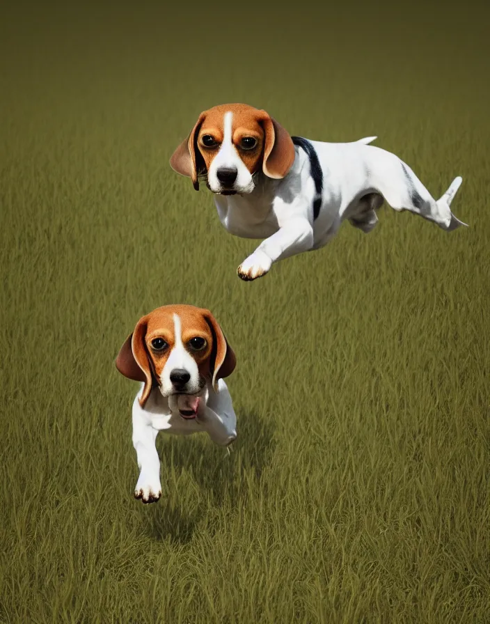 Prompt: a beagle running in a field . intricate artwork by art-station. octane render, cinematic, hyper realism, 8k, depth of field.