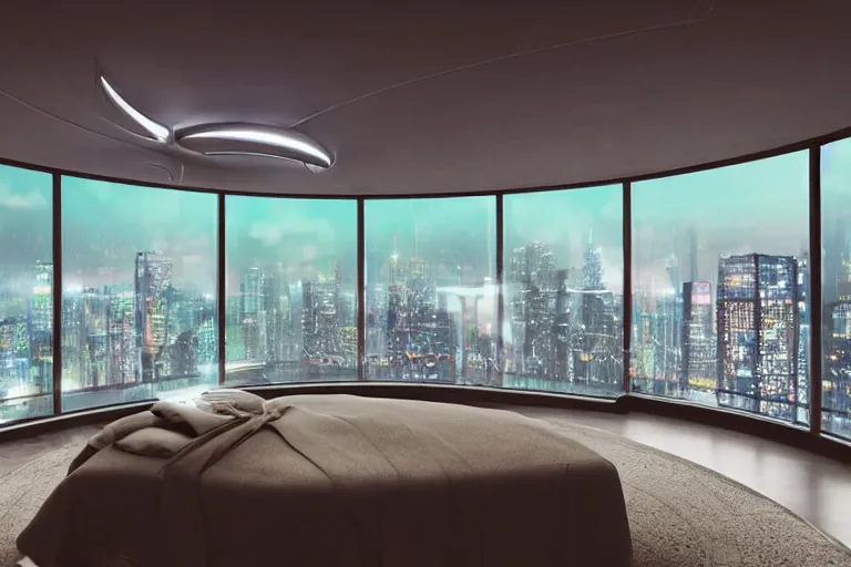 Image similar to a futuristic sparse bedroom with large curved ceiling high windows looking out to a far future cyberpunk cityscape, flying drones outside, night time, cyberpunk neon lights, raining