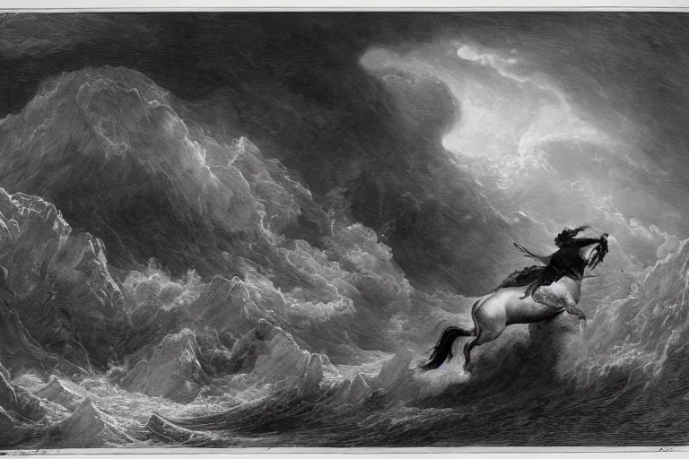 Image similar to A huge horse rides through epic Hurricane, Gustave Dore lithography