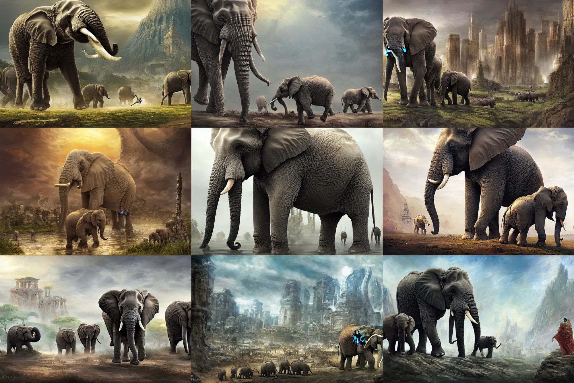 Prompt: civilization! of elephants, cities made by elephants!, epic fantasy sci fi illustration