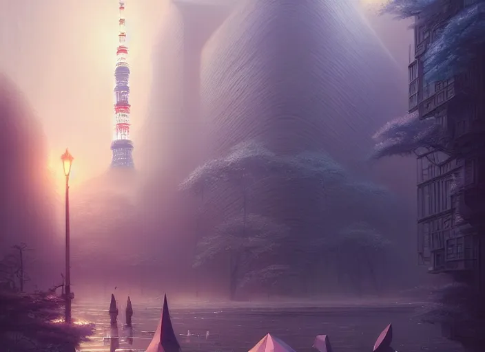 Image similar to spring mornings in the low - poly tokyo, diffuse lighting, fantasy, intricate, surrealism!!!!, highly detailed, lifelike, photorealistic, digital painting, artstation, illustration, concept art, smooth, sharp focus, by greg rutkowski, chris tulloch mccabe, valentina remenar and asher duran,