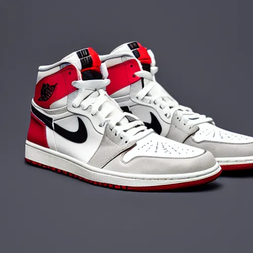 Image similar to a studio photoshoot of Air Jordan 1 sneakers designed by Virgil Abloh, leather and suede, Off-White, realistic, color film photography by Tlyer Mitchell, 35 mm, graflex