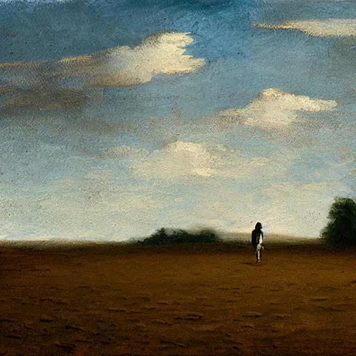 Prompt: a landscape with a person walking across a field, in the style of Midjourney