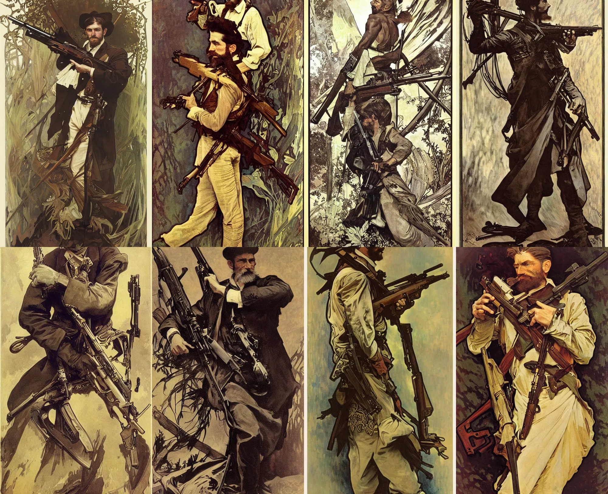 Prompt: epic portrait of John Brown holding a rifle, by Alphonse Mucha and Amano,