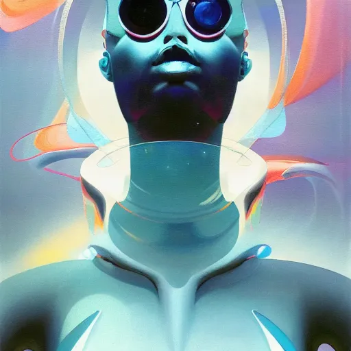 Image similar to scifi futurism automaton minimalism chrome by peter mohrbacher art Hajime Sorayama airbrush hyperrealism model abstract shatter fragments cubism futurism pastel blue soft flat minimal minimalism portrait face jackson pollock ukiyo-e lithograph mark ruthko swirl escape noise shimmer glow paint