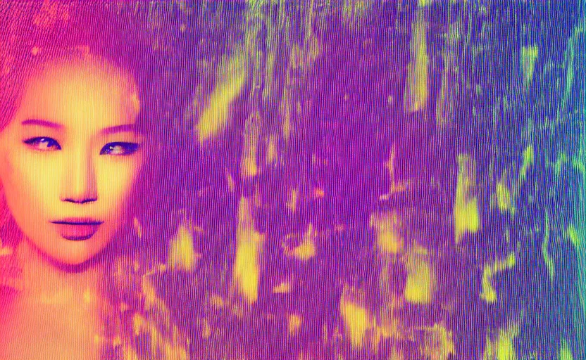 Prompt: vhs glitch art portrait of a beautiful asian woman full body front on hidden underneath a sheet, lost in static, sexy, metaphysical foggy environment, static colorful noise glitch volumetric light, by bekinski, unsettling moody vibe, vcr tape, 1 9 8 0 s analog video, vaporwave aesthetic, directed by david lynch, colorful static