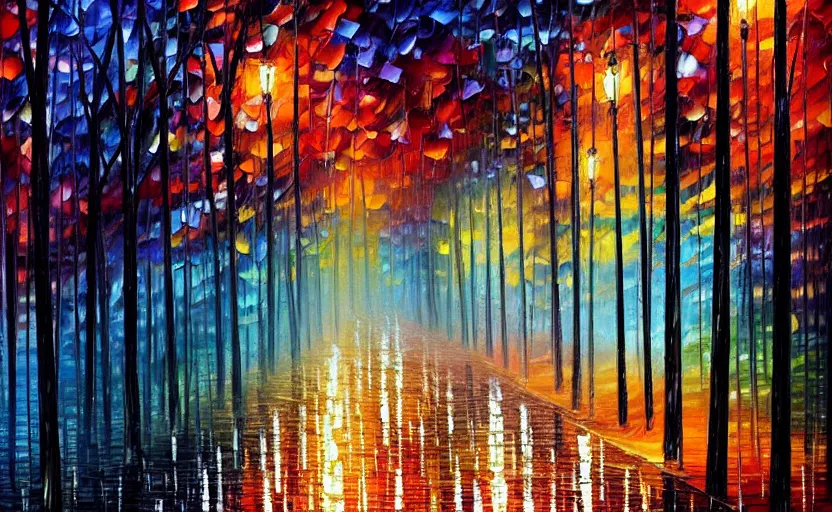 Image similar to walking through a gloomy forest in the rain at night by leonid afremov, oil painting!!!, intricate details!!!, fine brush!!!!!!