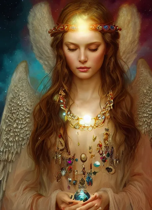 Image similar to A beautiful digital painting of a female angel full of jewels, princess, the sun behind her, intricate, cinematic lighting, highly detailed, digital painting, Artstation, concept art, smooth, sharp focus, illustration, art by Tom Bagshaw, Artgerm and Greg Rutkowski