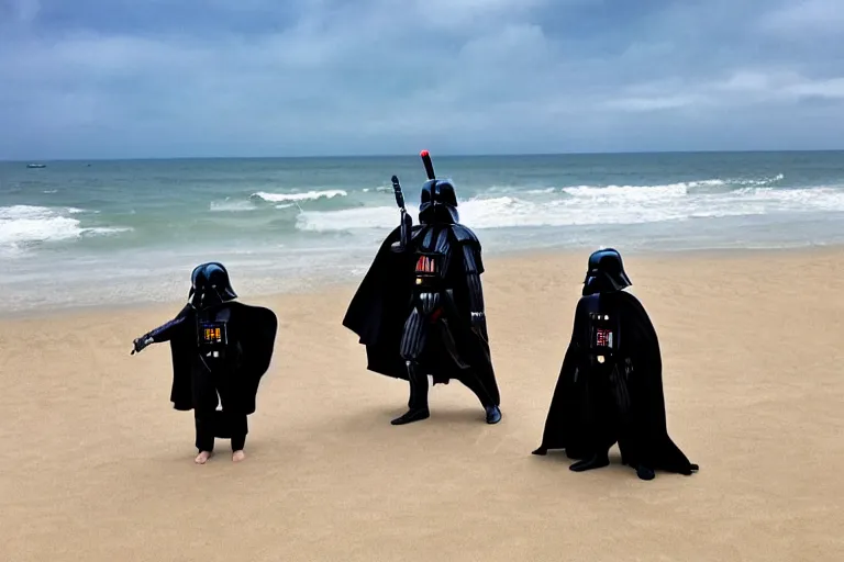 Prompt: darth vader goes to the beach for the first time