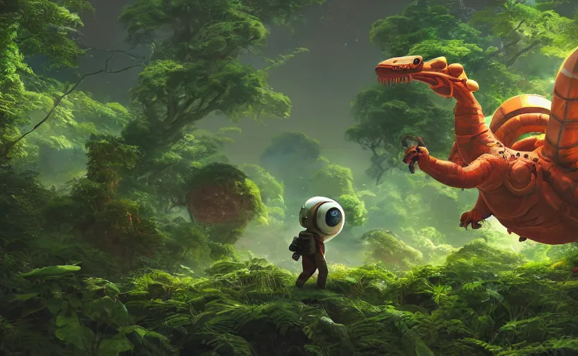 Image similar to a still of a cute adorable tiny astronaut, on a planet of lush foliage, with an enormous kaiju dragon surrounding, magical forest, sharp focus, neon backlit, highly detailed, disney pixar studio ghibli makoto shinkai, digital painting, matte, octane render, global illumination, iridescent, anime, 8 k concept art