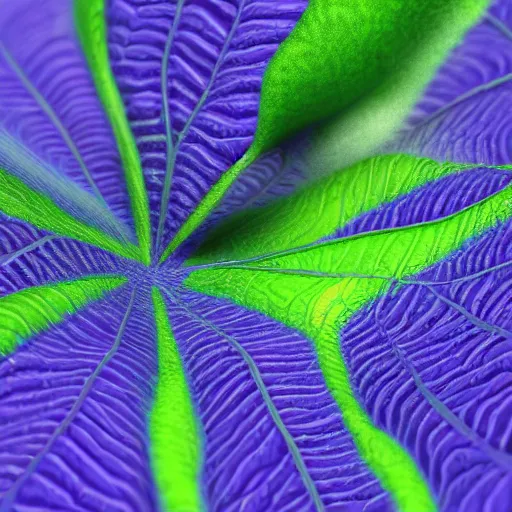 Image similar to a purple and blue sterlizia with lots of leaves, a computer rendering by jonathan zawada, pelton, featured on polycount, computer art, rendered in cinema 4 d, octane render, rendered in maya