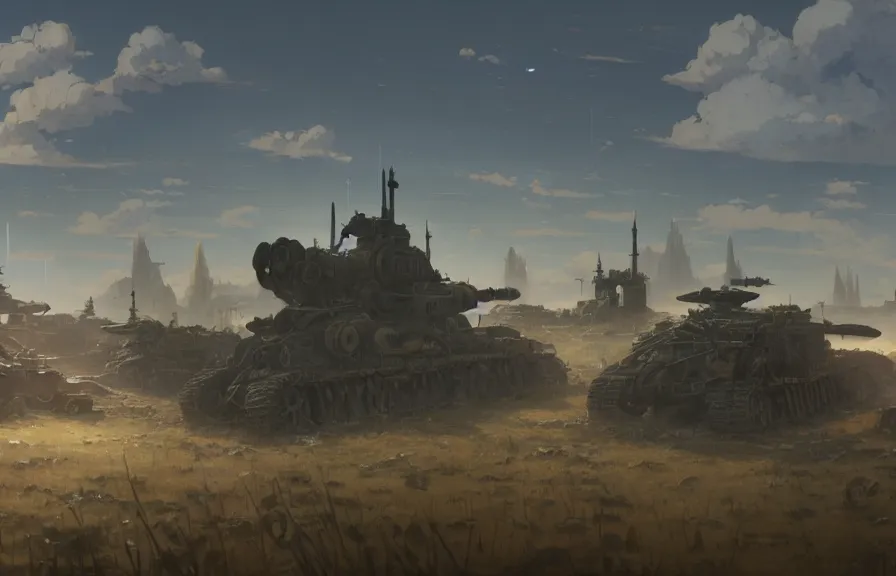 Image similar to concept art of a dusty field with ruined dieselpunk orcish tanks in the background, key visual, ambient lighting, highly detailed, digital painting, artstation, concept art, sharp focus, by makoto shinkai and akihiko yoshida and hidari and wlop