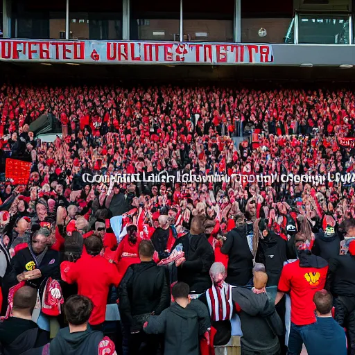 Prompt: protests at old trafford theatre of dreams against the glazers, # glazersout, stadium, chaos, protest, banners, placards, burning, owners of manchester united football club, pure evil, 8 k, wide angle lens, 1 6 - 3 5 mm, symmetry, cinematic lighting - w 1 0 2 4