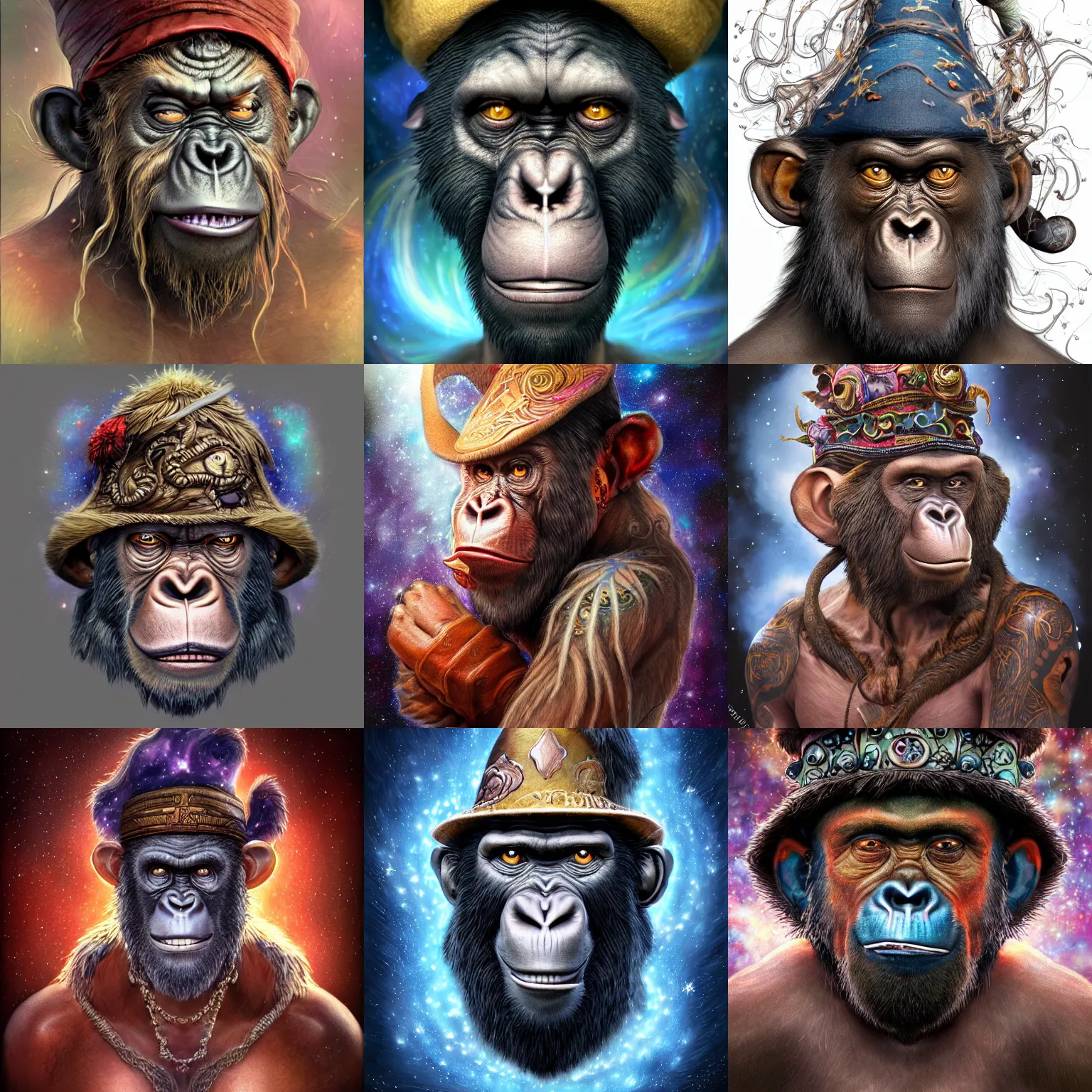 Image similar to a wlop 3 d render of very very very very highly detailed beautiful mystic portrait of a angry voodoo ape in a hat with whirling galaxy around, tattoos by anton pieck, intricate, extremely detailed, digital painting, artstation, concept art, smooth, sharp focus, illustration, intimidating lighting, incredible art,