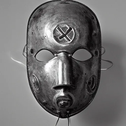 Image similar to photo portrait of 19 century brutal shiny metal face mask with fine detail engravings and runes cultist lord rich baron by Diane Arbus and Louis Daguerre