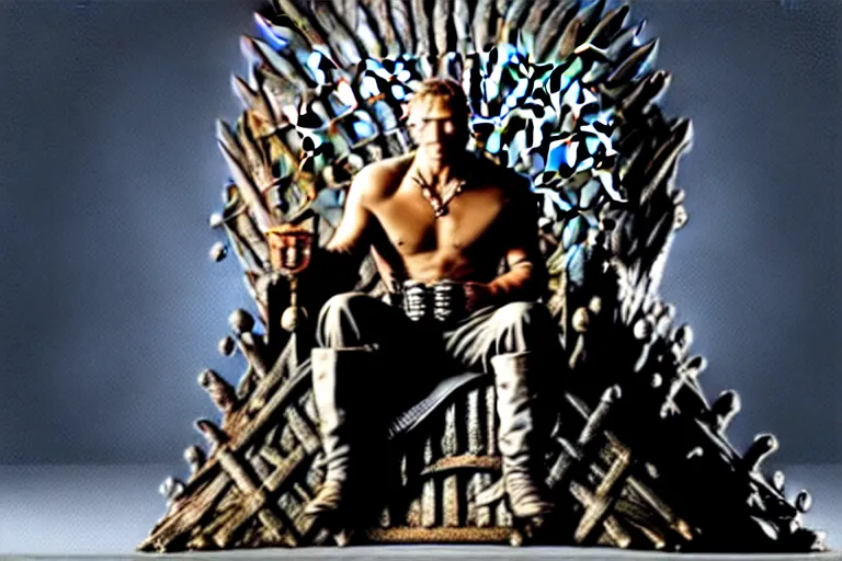 Prompt: man sitting, on a throne made of money, in the style of alex ross, game of thrones