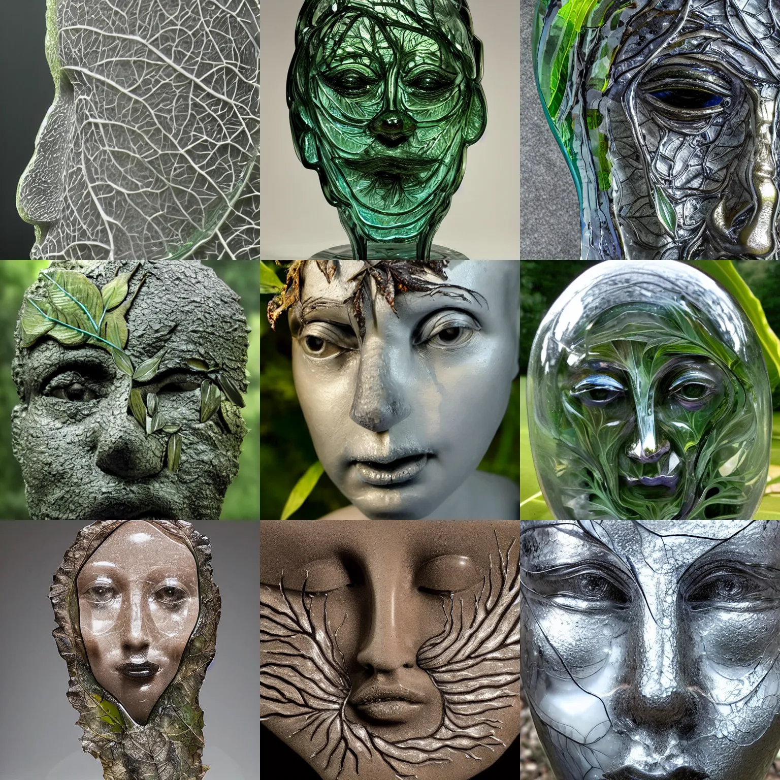 Prompt: a glass sculpture close up of a face with roots and leaves, high detail award winning