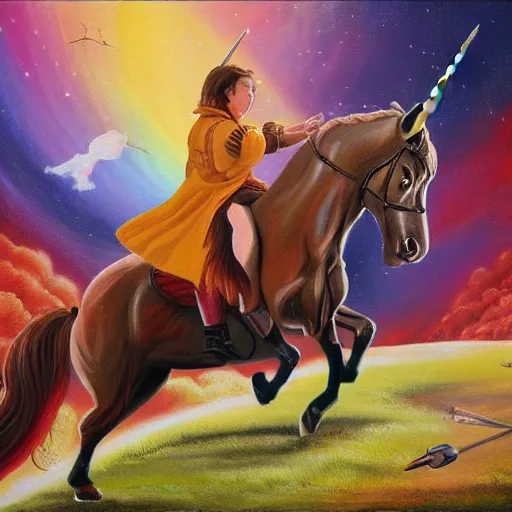 Prompt: wesley crusher riding a unicorn into battle oil painting