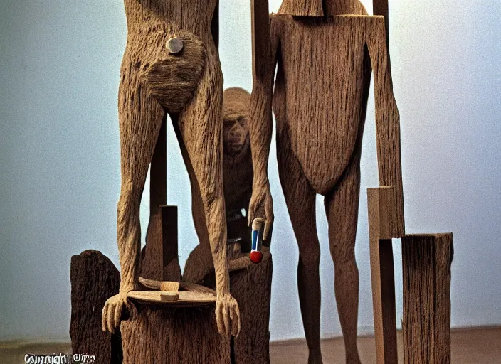 Image similar to realistic photo of a three hairy human sculptures by max ernst made of white clay, in a living room sci - fi laboratory with many wooden gadgets made of wood interior is made of wood 1 9 9 0, life magazine reportage photo, natural colors