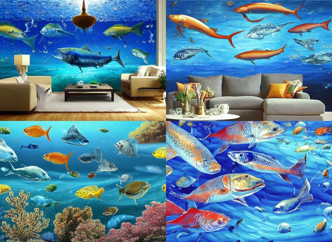Prompt: a deep blue sea calm relaxing oil painting wallpaper with small fishes