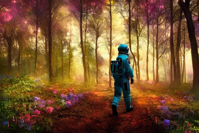 Image similar to Astronaut walking in a beautiful enchanted fantasy forest. Colorful. Cinematic lighting. Photorealism.